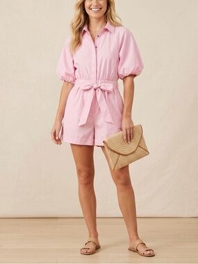 Karen Millen Pink Cotton Poplin Balloon Sleeve Button Down Romper